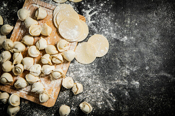 Fototapeta premium Raw dumplings and round pieces of dough on a cutting board. 