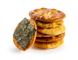 Sembei rice crackers placed on a white background.