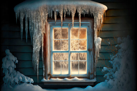 Frozen Window Of House Covered With Snow And Icicle On House