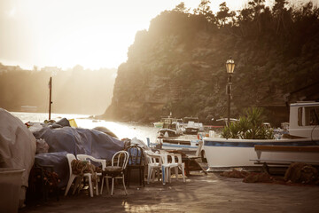 Beautiful fishing village, Marina Corricella on Procida Island, Bay of Naples, Italy.