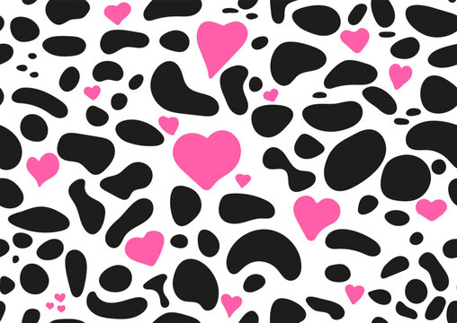 Dalmatian spot with pink heart seamless pattern, animal print skin texture. Absract shapes design dog or cow black spots on white background for fibres and textile. Simple endless leather backdrop.