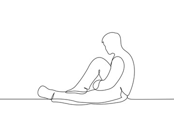 man sits with his leg stretched out, bent over and looks into the distance - one line drawing vector. concept of reflection, contemplation, procrastination, apathy