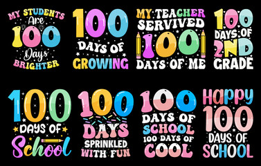 100th days of school typography t-shirt design, hundred days School t shirt design set, 100 days of school colorful t-shirt vector art bundle
