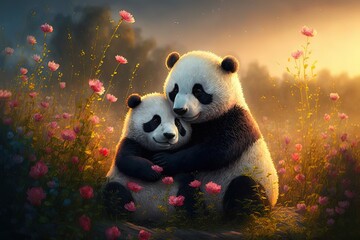 Title	cute animal lover cuddle hug each other in blossom flowers field in dreamy fantasy spring time, idea for family love atmosphere or Valentine's day background wallpaper, Panda Generative Ai