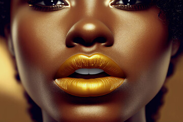 Beautiful woman face make up close up, lips with golden lipstick, cosmetics, fashion. AI generative