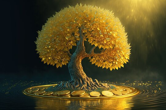 illustration of golden bonsai tree with gold leaves, idea for wealth and prosperity background wallpaper Generative Ai