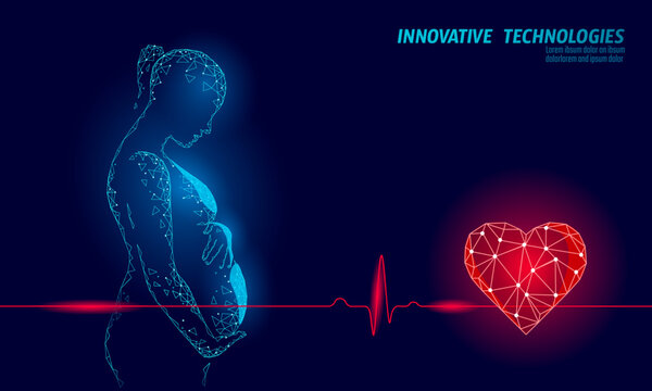 Pregnant woman with heartbeat symbol. Cardiotocography CTG medicine prenanal center clinic poster concept. 3D low poly digital vector illustration