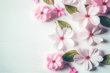 Beautiful pink flowers on white wooden background, Valentine's day concept with copy space. Generative AI