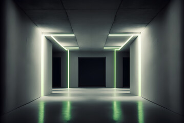 Futuristic Tunnel with Neon Light Tubes in Concrete Grunge Tunnel Corridor - generative ai