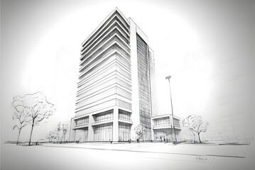 Sketch architectural drawing cartoon illustration of city street with skyscraper building generative ai