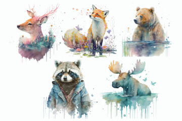 Safari Animal set Deer, moose, fox, bear, raccoon in watercolor style. Isolated vector illustration - obrazy, fototapety, plakaty