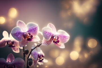 Naklejka na ściany i meble illustration beautiful pink orchid, flower blooming with bokeh light , idea for freshness and happiness background or backdrop Generative Ai