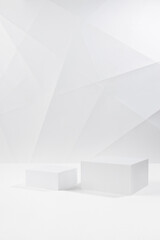 White modern stage with two square podiums in hard light mockup in white interior with lines, angles of graphic geometric minimal style for presentation cosmetic products, goods, branding, vertical.
