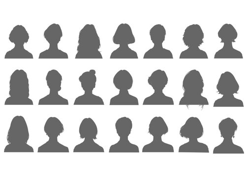 21人の女性のバストアップの正面顔のシルエットセット