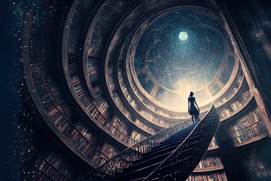 a man or a woman at the stair is looking at the spiral ceiling of library , idea for beautiful background or backdrop Generative Ai