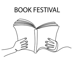 Book line art. Hands holding a book. Contour Drawing Minimalist Style. Perfect for printing. One continuous line art doodle vector illustration isolated on the white background. 