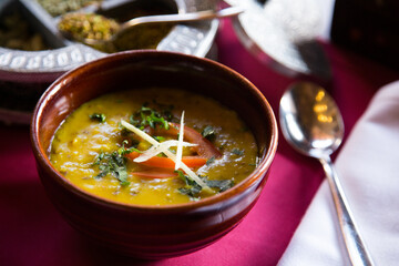 Mulligatawny is an Indian dish that is very similar to a soup. In Tamil the word 'mulligatawny' translates as watery pepper.