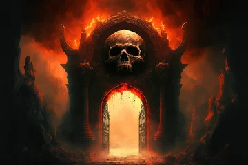 Fotobehang illustration of sinful curse hell gate with smoke and flame Generative Ai © QuietWord