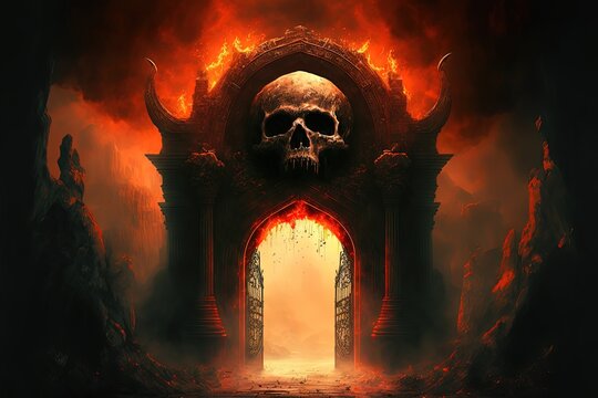 illustration of sinful curse hell gate with smoke and flame Generative Ai