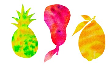 Set watercolor silhouettes fruit and berries on a white background