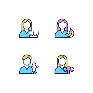 Mother and child health pixel perfect RGB color icons set. Mammography and gynecology. Prenatal care service. Isolated vector illustrations. Simple filled line drawings collection. Editable stroke