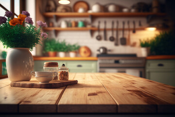 Wood table top on blur kitchen counter (room)background.