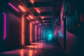 Neon glowing cyber futuristic tunnel or underground corridor