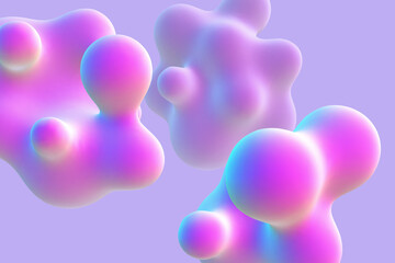 3D abstract liquid bubbles on purple background. Concept of future science: floating morphing spheres, molecular elements or nanoparticles. Fluid pink shapes in motion EPS 10, vector illustration. - 564541600