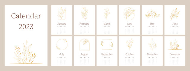 Vector calendar for 2023. Calendar design concept with flowers and leaves and gold. Set from 12 months. Botanical theme.