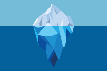 Iceberg Floating in Blue Ocean Vector Illustration. Big iceberg floating in sea with massive underwater, metaphor business iceberg northern on water sea illustration. All in a single layer. - obrazy, fototapety, plakaty