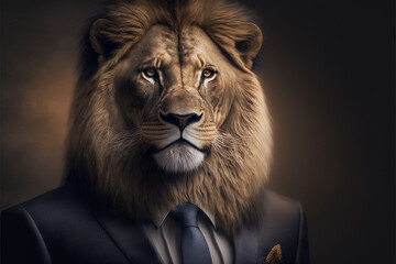 Portrait of a Lion dressed in a formal business suit, Generative AI