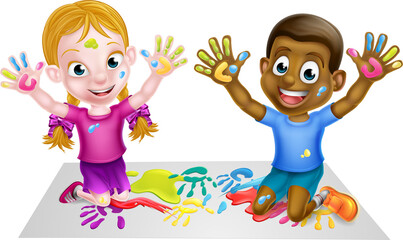 Cartoon Children Playing with Paint