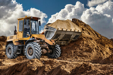 Obraz premium Bulldozer or loader at a construction site in a quarry transporting sand. Powerful wheel loader or bulldozer with a large bucket at a construction site. Construction equipment for earthworks.