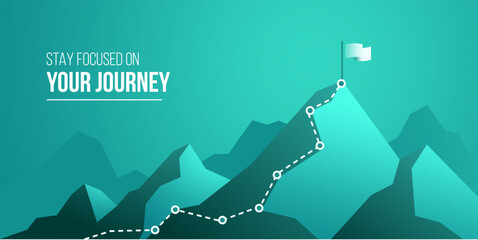 Business journey concept vector illustration of a mountain with path and a flag at the top, route to mountain peak, business journey and planning concept.