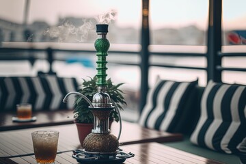  illustration of a Hookah on rooftop bar with blur cityscape background Generative Ai