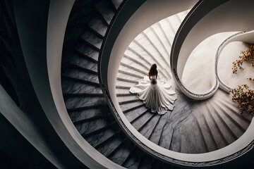 a woman in white dress walk down on spiral stairway with copy space, idea for background wallpaper Generative Ai