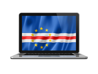 Cape Verde flag on laptop screen isolated on white. 3D illustration