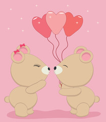 Two cartoon bears in love on a pink background.