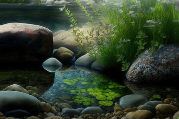 Fototapeta premium close up nature pond with water plant , peaceful nature Generative Ai