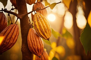 beautiful ripe cocoa bean fruit on tree with light glow from behind Generative Ai