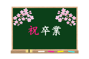 卒業式。教室の黒板に書かれた「祝 卒業」の文字と桜のイラスト。
