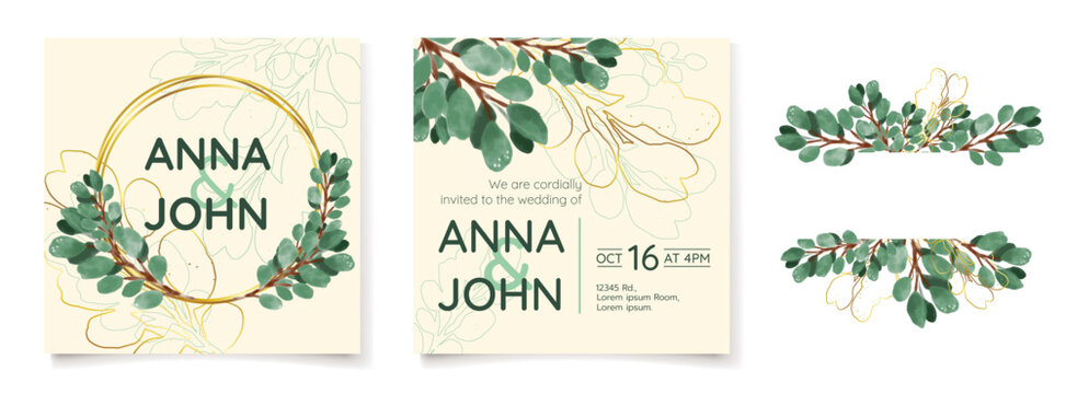 Template of wedding invitation card design set. Hand drawn watercolor green tropical leaves and foliage with golden line, circle, frame and pastel yellow background.