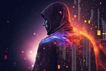 man wearing cloak with digital glitch back behind, idea for digital foot print theme, Generative Ai