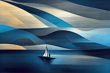 sailing boat on the sea, illustration in blue and gold colors on brushed metal - obrazy, fototapety, plakaty