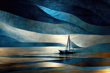sailing ship on the sea. blue ailver and gold illustration - obrazy, fototapety, plakaty