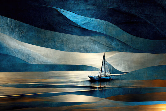 sailing ship on the sea. blue ailver and gold illustration © NAITZTOYA