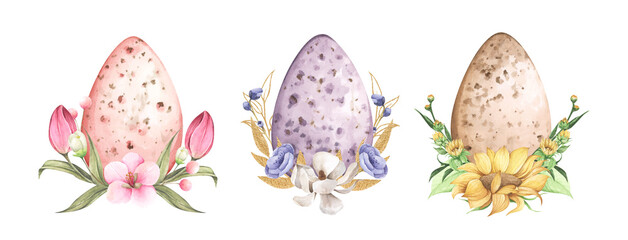 Set of Easter floral composition with flowers and eggs. Flower bouquet. Watercolor illustration. Isolated on white background. Happy Easter card.