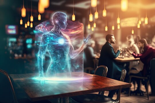 hologram screen with Ai system at restaurant with customer at table, Generative Ai 