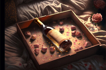 Romantic Indulgence: A Box of Chocolates and a Bottle of Champagne on a Bed of Rose Petals