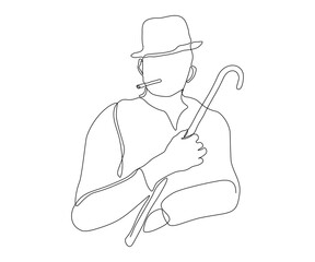 abstract man in a hat with a cigar and a cane, gentleman, hand-drawn, continuous mono line, one line art, contour drawing